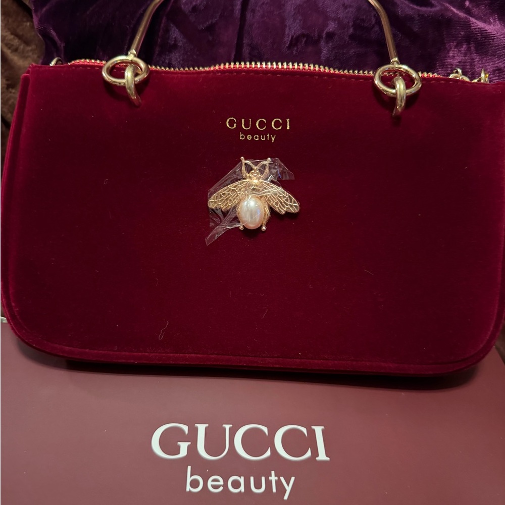 Gucci Burgundy Velvet Cosmetic Bag with Bee Accent